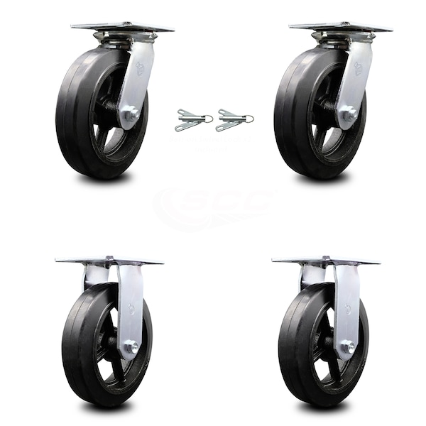 8 Inch Rubber on Steel Caster Set with Ball Bearing 2 Swivel Lock and 2 Rigid
